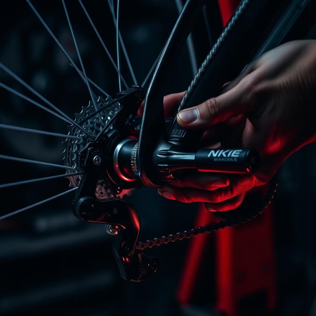 Mecânico da Bicicletaria Ramos ajustando o câmbio de uma bicicleta